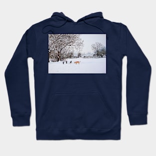 dog snow scene landscape with trees & rooftops art Hoodie